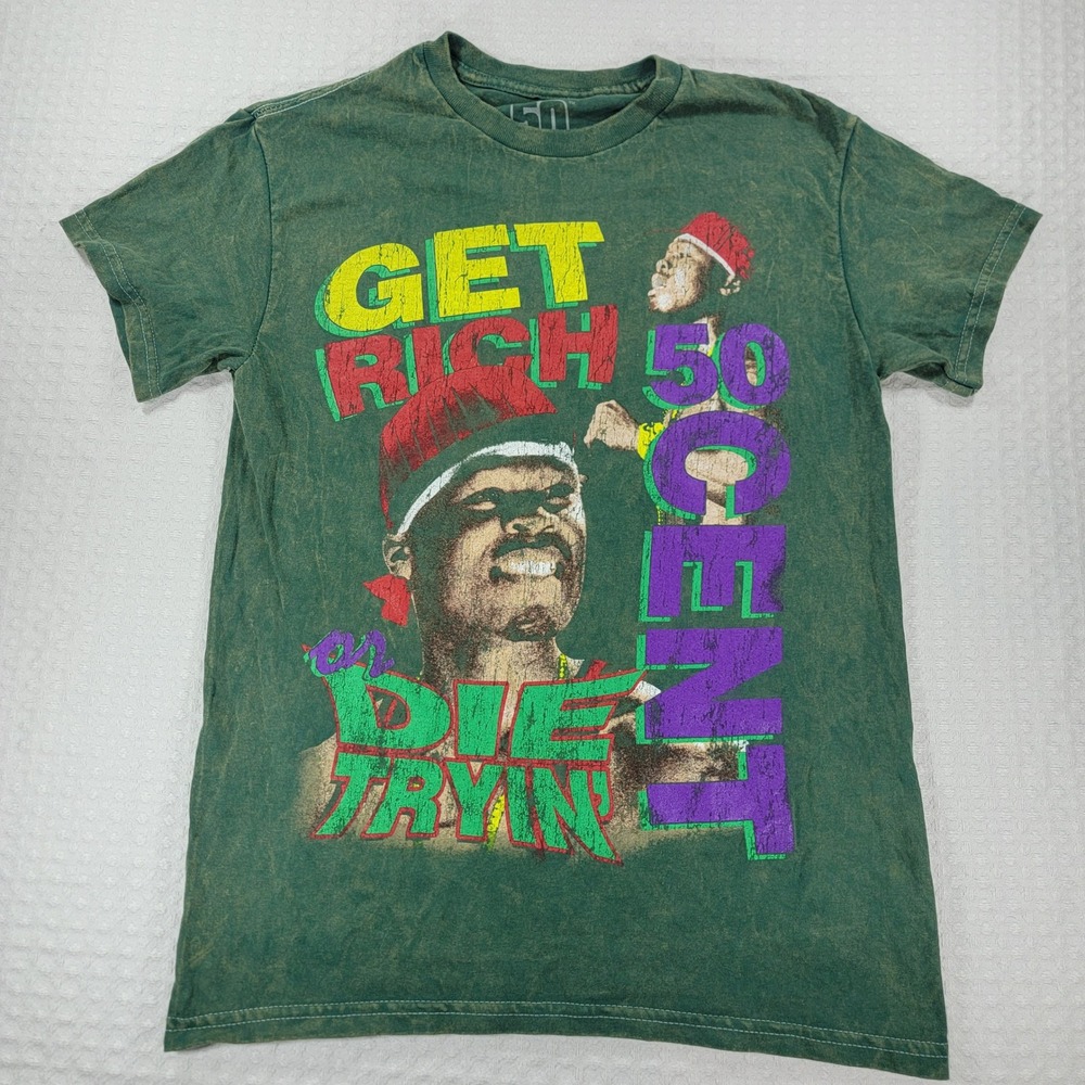 50 Cent Get Rich or Die Tryin Graphic Tee Green Mineral Wash Mens Small